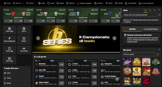 Interfaccia del sito BWIN con il campionato B Series, scommesse live su calcio, tennis e basket, e giochi da casinò